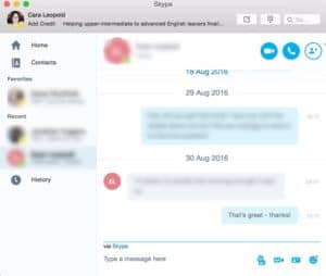 An example of the chatbox on Skype. Here, my brother and I are sending each other instant messages, without calling each other. Very practical when he's at work!
